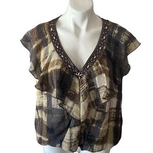 Vintage Piano Women’s Brown Y2K Bubble Hem Beaded Flutter Sleeve Blouse Size XL